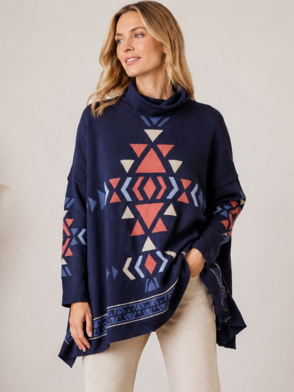 J. Jill Navy Aztec Cowl Poncho Sweater with Coral and Cream Accents Size LP